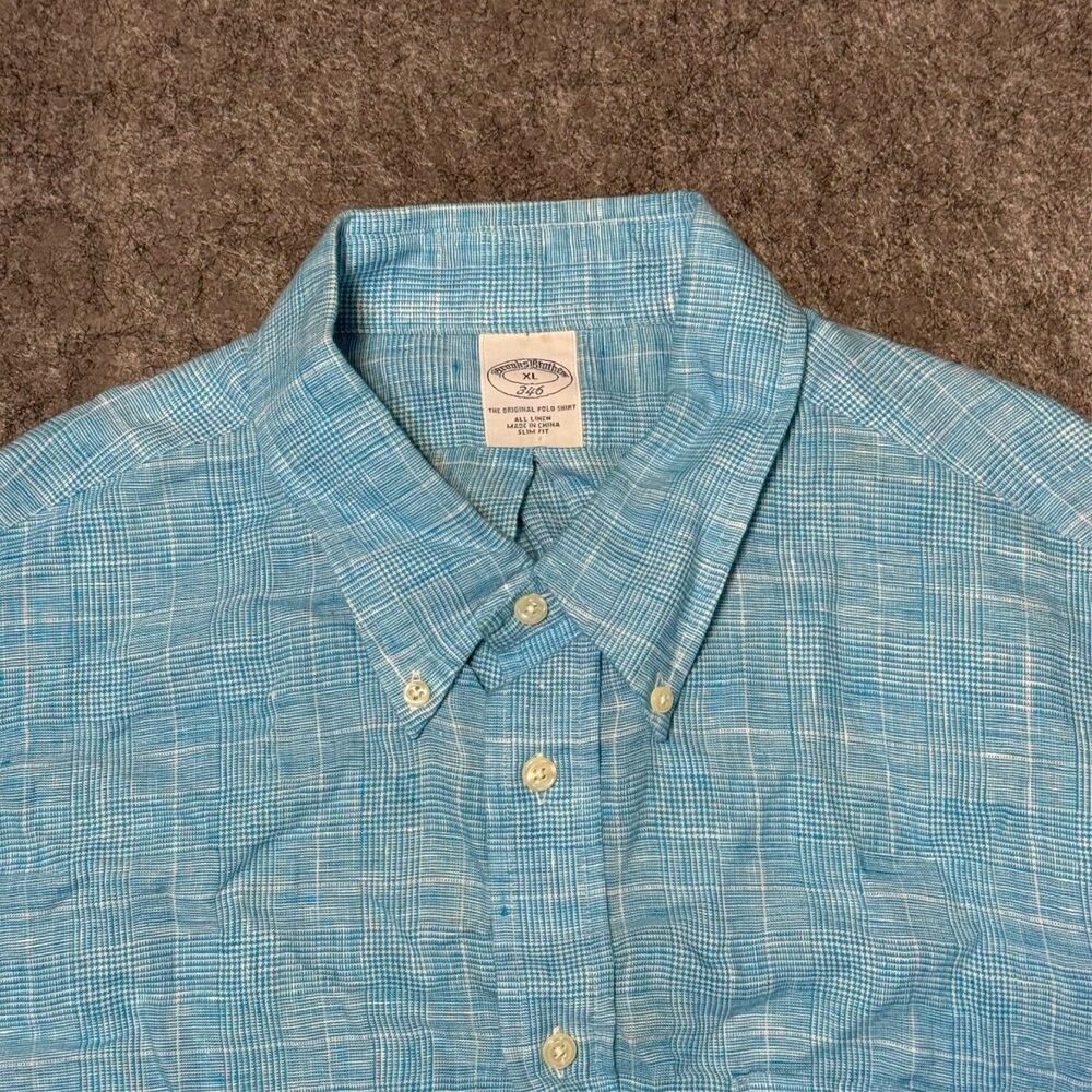 Brooks Brothers 346 Shirt Mens XL Light Blue Plaid 100% Linen Button Down